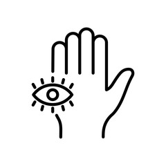 Mystic Hand Palm and All Seeing Eye Line Icon. Magic Providence Fatima Pictogram. Hamsa Egypt Esoteric Occult Amulet Outline Icon. Khamsa Conspiracy. Editable Stroke. Isolated Vector Illustration