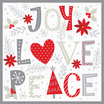 christmas card with christmas lettering, joy, love, peace