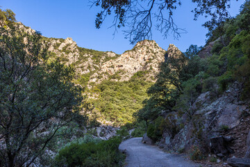 Vue sur les montages autour des Gorges de l'H&eacute;ric peu apr&egrave;s le lever du soleil