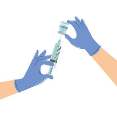 Hands wear medical glove holding a vaccine and syringe
