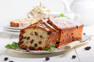 Homemade fruit cake with raisins.