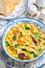 Homemade noodles with chicken broth and vegetables.