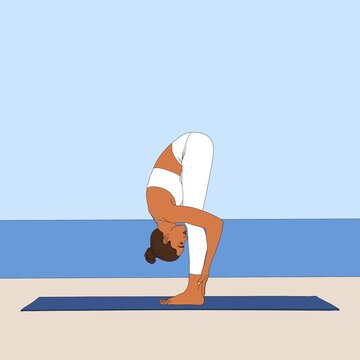 Standing Forward Fold (Bend) / Uttanasana. Flexible standing woman doing practicing deep stretch yoga asana pose exercise on seascape background. Fashion illustration painting poster