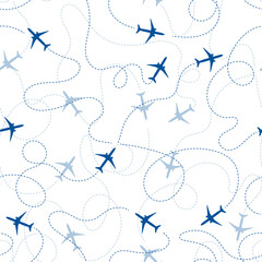 Airplane line path vector icon of air plane flight route with dash line trace. Seamless pattern. Aircraft icon with route path track in blue and white. Airplane minimal vector illustration.