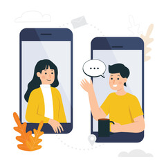 Man and woman socializing and chatting online through smartphone. Conversation concept vector illustration. Social distancing
