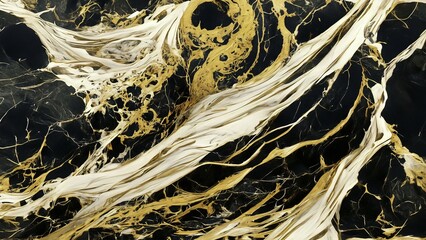 Liquid black marble with gold textures. Luxury pattern, golden, fluid illustration. Abstract melted, golden, texture. 3D illustration, 3D render. 4k wallpaper, background, fashion, luxurious website