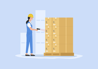 Concept Of Warehouse And Courier Delivery. Storehouse Worker In Uniform Scanning Parcels By Barcode Scanner. Warehouse With Cardboard Boxes On Pallet. Cartoon Linear Outline Flat Vector Illustration