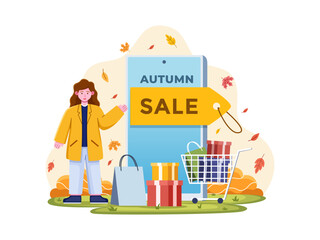 Autumn Sale Promotion Illustration With Big Smartphone, Shopping Bag, Gift Box, and With a Happy Woman.
Autumn Sale Discount In Online Shop.
Can be used for banner, poster, web, animation, etc