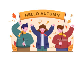 Group of people welcoming autumn with people holding banners saying hello autumn and they are happy.
Happy Autumn.
Suitable for greeting card, postcard, banner, poster, flyer, print, web, etc