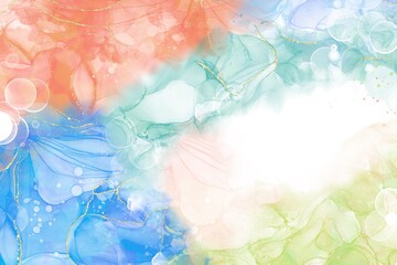 アルコールインクアートの幻想的な抽象背景テンプレート）爽やか　金色　煙　オレンジ　緑　水色
