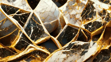 Marble gold fractal textures. Broken stones. Luxury abstract solid shapes. Black marble. White marble. 3d Render, 3d illustration