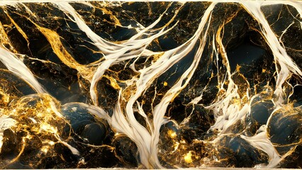 Obraz na płótnie Canvas Liquid black marble with gold textures. Luxury pattern, golden, fluid illustration. Abstract melted, golden, texture. 3D illustration, 3D render. 4k wallpaper, background, fashion, luxurious website