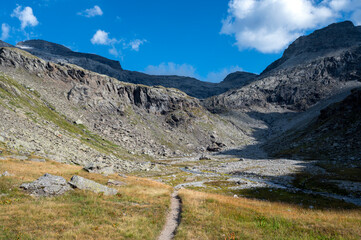 Chemin de randonnée dans le paysage de montagne du massif de la Vanoise dans les Alpes en France en été et du vallon d'Ambin