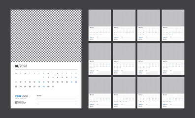 Wall Calendar Template for 2023 Year Vector illustration Layout Design, Corporate and Business Creative Calendar in Minimalist Style, Week Starts on Monday, Simple Monthly Vertical 12 Months Templates