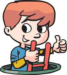 boy comes out of the hole and has solved the problem