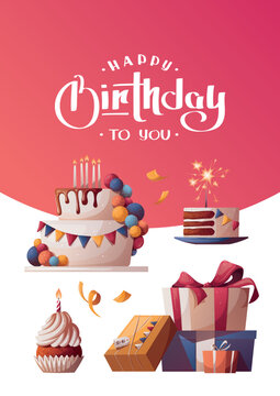 Birthday card with cake, cupcake, gift boxes. Handwritten lettering. Vector illustration. Postcard, card. cover, invitation template.