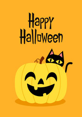 Happy halloween party greeting card with cute Black cat and skull. Holidays cartoon character. Trick or treat. Halloween funny cartoon.