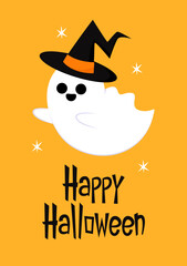 Happy halloween party greeting card with cute ghost. Holidays cartoon character. Trick or treat. Halloween funny cartoon.