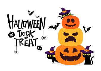 Cute black cat and Pumpkin head in Halloween day. Happy Halloween greeting card with cute black cat and spooky pumpkin. Animal holidays cartoon character.