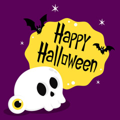 Happy halloween party greeting card with cute Skull. Holidays cartoon character. Trick or treat. Halloween funny cartoon.