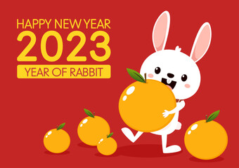 Happy Chinese new year greeting card 2023 with cute rabbit with oranges. Animal holidays cartoon character. Cute Rabbit on red background. Chinese New Year Mandarin Orange.