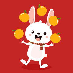 Happy Chinese new year greeting card 2023 with cute rabbit with oranges. Animal holidays cartoon character. Cute Rabbit on red background. Chinese New Year Mandarin Orange.