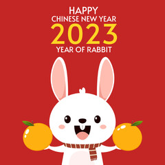Happy Chinese new year greeting card 2023 with cute rabbit with oranges. Animal holidays cartoon character. Cute Rabbit on red background. Chinese New Year Mandarin Orange.