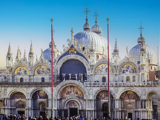 Fototapeta na wymiar Marble facade of San Marco Basilica symbol of Venice.Italy