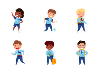 Back to School with Kids Wearing Blue Uniform and Tie Having Lesson Vector Set