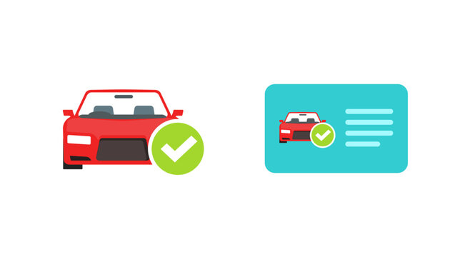 Car check safety inspection tick icon or auto vehicle success testing checkmark list flat graphic illustration, red automobile health check symbol with green approved checkbox mark