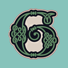 Number six logo with Celtic knots, spiral lines, and red dots. Dim colored medieval initial.