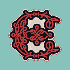 E letter logo with Celtic knots, spiral lines, and red dots. Dim colored medieval initial.