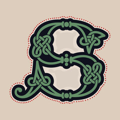 S letter logo with Celtic knots, spiral lines, and red dots. Dim colored medieval initial.