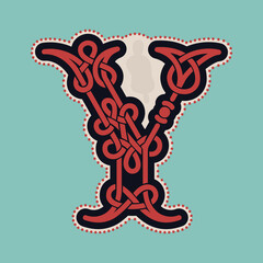 Y letter logo with Celtic knots, spiral lines, and red dots. Dim colored medieval initial.
