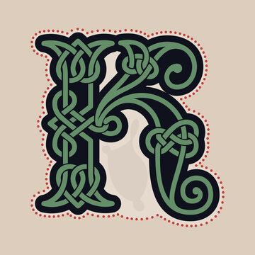 K letter logo with Celtic knots, spiral lines, and red dots. Dim colored medieval initial.