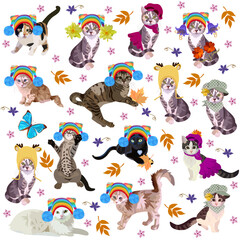 Cute cartoon fashionista cats in knitted hats, a fluttering butterfly, autumn leaves and small purple flowers isolated on a white background in vector. Seamless print for fabric for autumn jacket. - 522923150