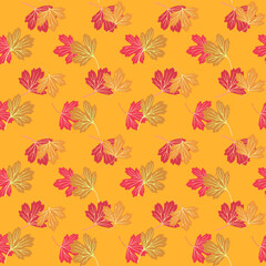 Fototapeta na wymiar Seamless natural ornament in retro style with yellow and red fallen leaves of golden currant isolated on orange background in vector. Beautiful fabric print.