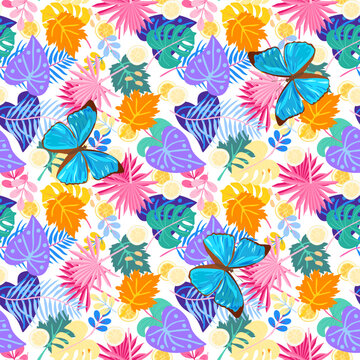 Bright seamless pattern with colorful tropical leaves and big blue butterflies on a white background in vector. Natural print for fabric, wallpaper.