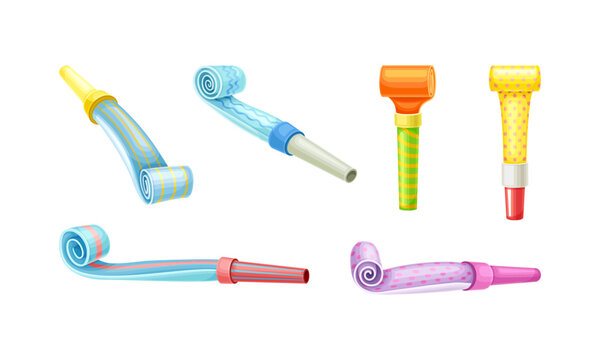 Bright Party Whistle as Birthday Toy and Accessory for Blowing and Making Sound Vector Set