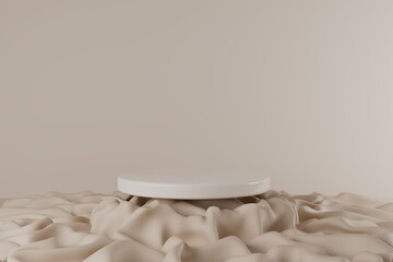 Fototapeta na wymiar 3d render white podium on beige fabric with pleats.