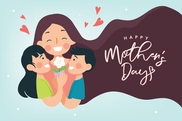 Happy Mother's Day Poster flat vector illustration. Children boy and girl give cute flower to smiling happy beautiful Mom.