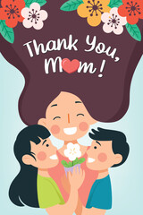 Happy Mother's Day poster flat vector illustration. Children boy and girl give cute flower to smiling happy beautiful Mother.