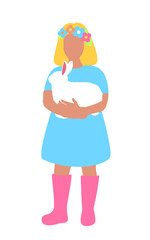 The girl is holding a white rabbit in her arms. Isolated on white. Easter card with hares and girl spring vector card. Rabbit farm. Fluffy pets.