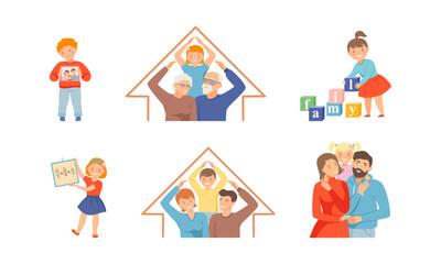 Cute Little Children Loving and Protecting Their Family Members Vector Set