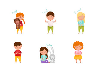 Guilty Little Boy and Girl Saying Sorry and Apologizing for Misbehave Vector Set