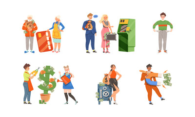People with Money Coins and Dollar Banknotes as Financial Success Gaining Vector Illustration Set