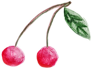 Hand-drawn cherry twig with two pink berries and one green leaf. Raster watercolor illustration isolated on transparent or white background