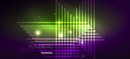 Background neon glowing lines and geometric shapes. Lights in the dark wallpaper for concept of AI technology, blockchain, digital, communication, 5G, science