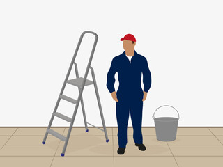 Male character in work uniform stands near a stepladder and a bucket indoors
