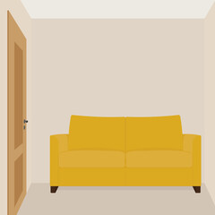 Modern orange sofa in a room with a closed door